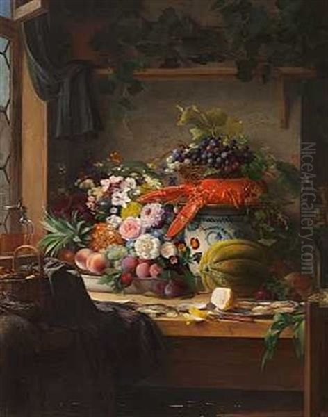 Opstilling Med Blomster, Frugter Og En Hummer Pa Et Bord Oil Painting by Carl Vilhelm Balsgaard