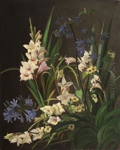 Voksende Gladiolus I Forskellige Farver, Bla Agapantus Og Gule Snerler Oil Painting by Carl Vilhelm Balsgaard