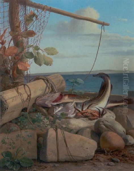 Opstilling Med Fisk Og Krabbe, I Baggrunden Kystlandskab Oil Painting by Carl Vilhelm Balsgaard