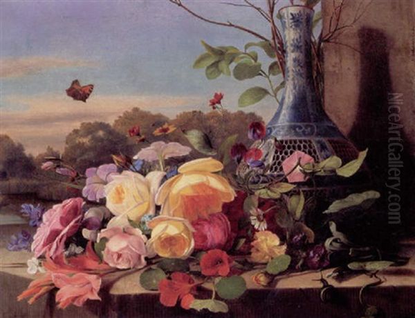 Opstilling Med Brogede Blomster Og Vase Pa En Stenkarm, I Baggrunden So Og Gronne Traeer Oil Painting by Carl Vilhelm Balsgaard