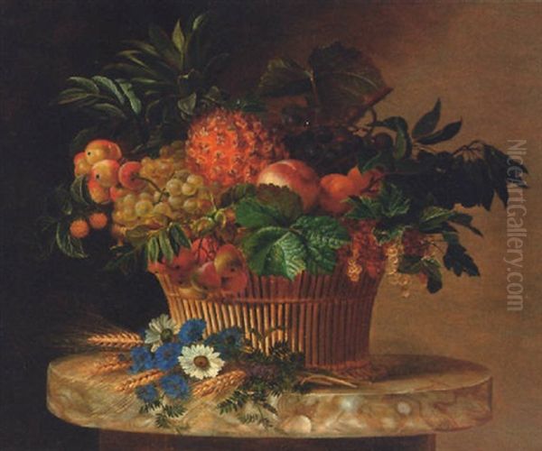 A Pineapple, Grapes, Peaches, Apricots, Pears And Redcurrants In A Wicker Basket Oil Painting by Carl Vilhelm Balsgaard