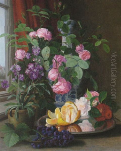 Blomsterstilleben Med Fruktfat Oil Painting by Carl Vilhelm Balsgaard