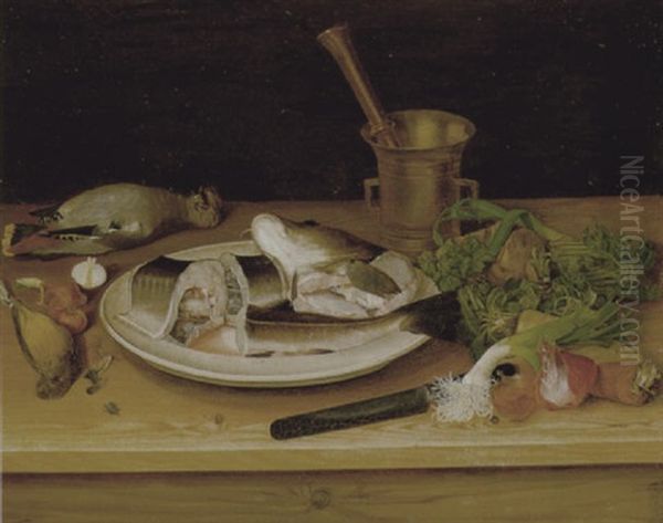 Nature Morte Med Torsk Pa Fad, Gulspurv, Skovskade, Log, Selleri Og Porrer Oil Painting by Carl Vilhelm Balsgaard