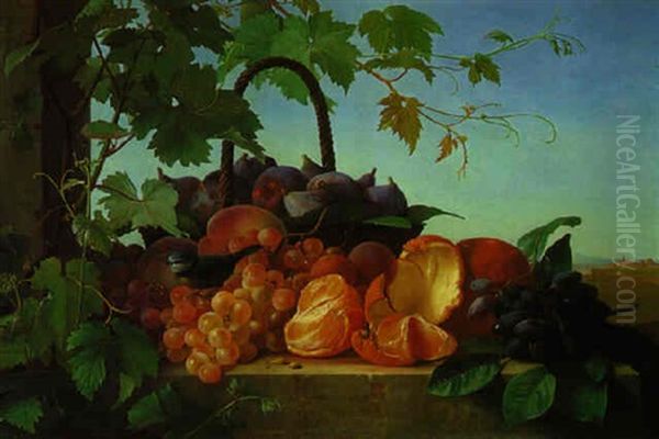 A Still Life With Oranges, Grapes, A Basket Of Figs, Peaches And A Chaffinch On A Stone Ledge In A Landscape Oil Painting by Carl Vilhelm Balsgaard