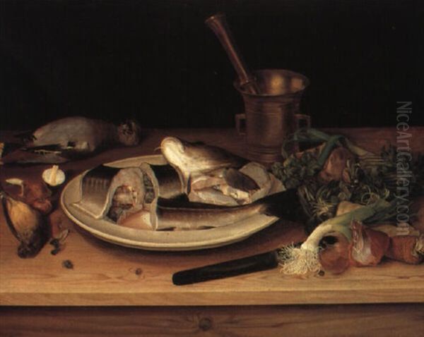 Nature Morte Med Torsk, Gulspurv, Skovskade, L+g, Selleri Og Porrer Oil Painting by Carl Vilhelm Balsgaard