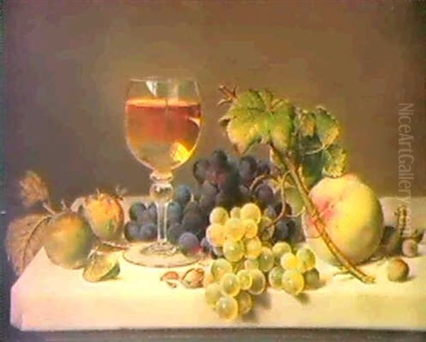 Still Life With Plums, Grapes, A Peach, Nuts And A Glass Of Wine On A Marble Ledge by Carl Vilhelm Balsgaard