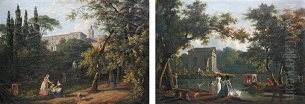 Jeunes Femmes Dans Un Parc (+ Le Temple Antique Aupres De La Riviere; Pair) Oil Painting by Louis Pierre Baltard de la Fresque