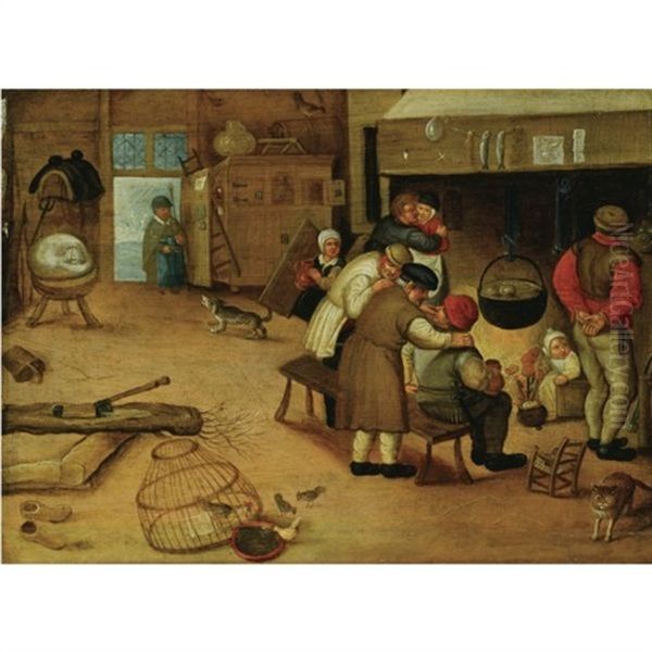 Interior With Peasants Warming Themselves By A Fire Oil Painting by Pieter Balten