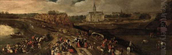 A Kermesse In A Village Near A River, A Church Beyond Oil Painting by Pieter Balten