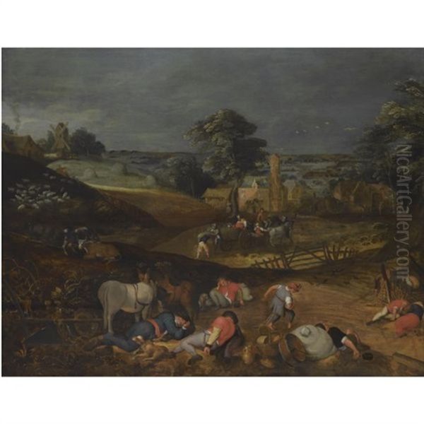 Landscape With Peasants Harvesting, While Others Rest In The Foreground, Or The Devil Sewing Tares Oil Painting by Pieter Balten