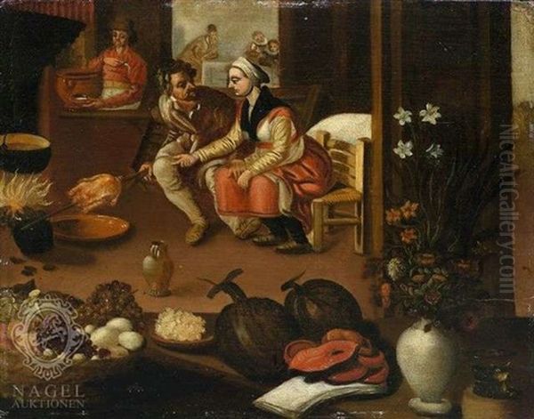 Kucheninterieur Mit Einem Mann Und Einer Frau An Einer Kochstelle Oil Painting by Pieter Balten