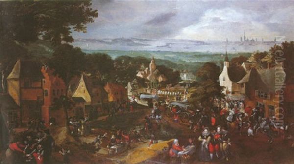 Kermesse Villagoise Avec En Fond Une Vue De La Ville D'anvers Oil Painting by Pieter Balten