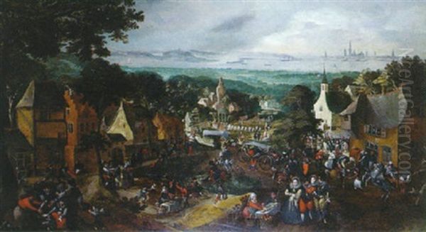 Kermesse Villageoise Avec Dans Le Fond Une Vue De La Ville D'anvers Oil Painting by Pieter Balten