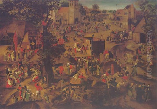 A Perfomance Of The Farce Een Cluyte Van Plaeyerwater At A Flemish Village Kermesse Oil Painting by Pieter Balten