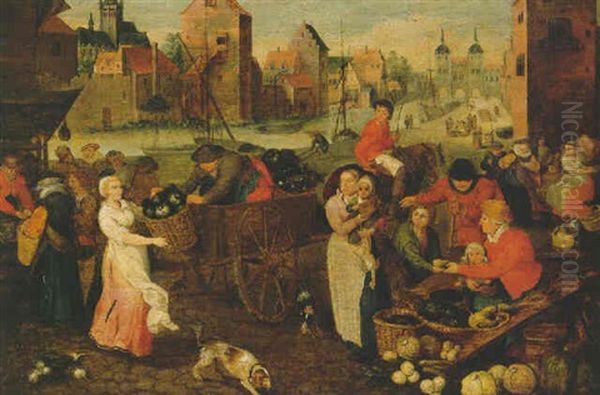 A Vegetable Market On A Quay In A Town Oil Painting by Pieter Balten