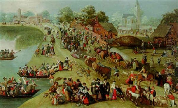 A Kermesse In A Village By A River, Church Beyond Oil Painting by Pieter Balten