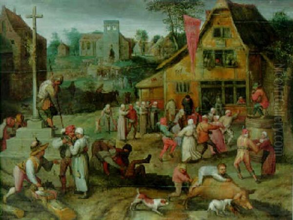 Peasants Dancing Outside A Tavern, Trinket Seller And Children In Foreground, Market On Village Square Beyond Oil Painting by Pieter Balten