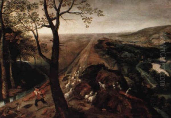 Landschaft Mit Hirt, Der Seine Schafherde Verteidigt Oil Painting by Pieter Balten