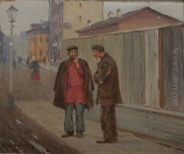 Men In Conversation, Arbat District, Moscow Oil Painting by Michael Abramovitch Balunin