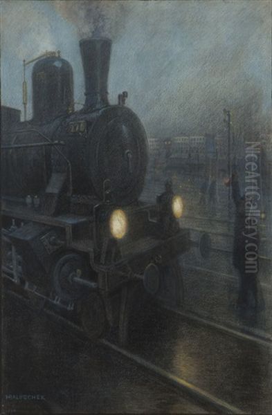 Cyclus Die Eisenbahn / No. 6, !halt.! Oil Painting by Hans Baluschek