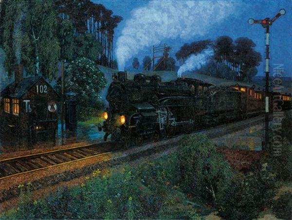 Anfahrender Schnellzug Oil Painting by Hans Baluschek