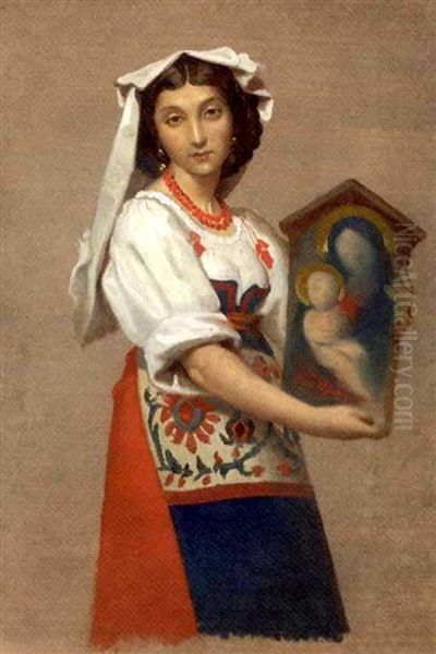 A Neapolitan Beauty Holding An Icon Oil Painting by Raymond Balze