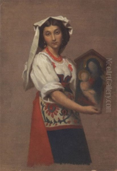 A Neapolitan Beauty Holding An Icon Oil Painting by Raymond Balze