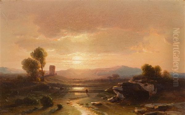 Flusslandschaft Mit Wanderer Bei Untergehender Sonne by Fritz Bamberger