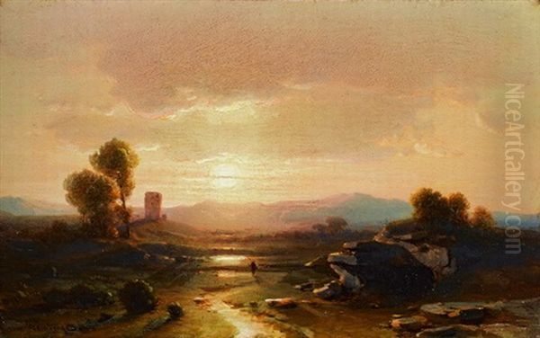 Sudliche Landschaft Mit Sonnenuntergang by Fritz Bamberger