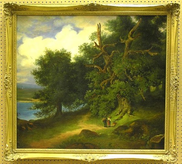 Wooded Landscape With Two Peasants Oil Painting by Fritz Bamberger