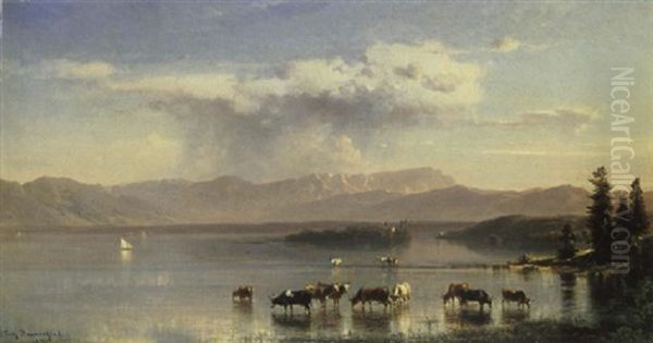 Blick Uber Den Starnberger See Auf Die Roseninsel Und Die Zugspitze Oil Painting by Fritz Bamberger