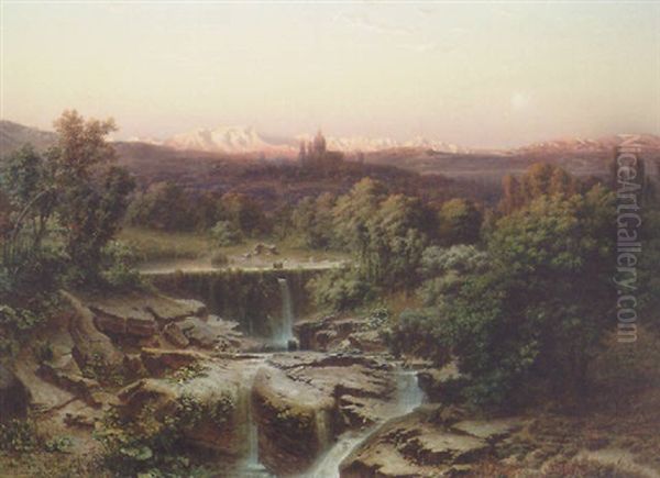 An Extensive River Landscape With The Escorial And The Sierra De Guadarrama Mountains Beyond Oil Painting by Fritz Bamberger