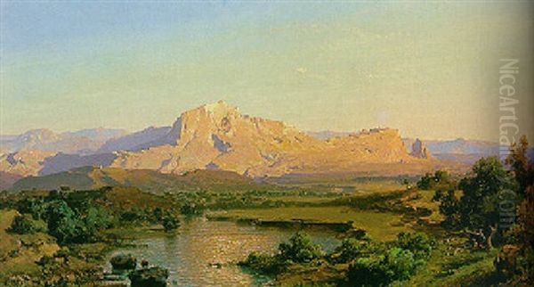 Spanische Gebirgslandschaft Mit Fluslauf Oil Painting by Fritz Bamberger