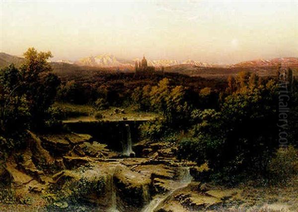 An Extensive River Landscape With The Escorial And The Sierra De Guadarrama Mountains Beyond Oil Painting by Fritz Bamberger