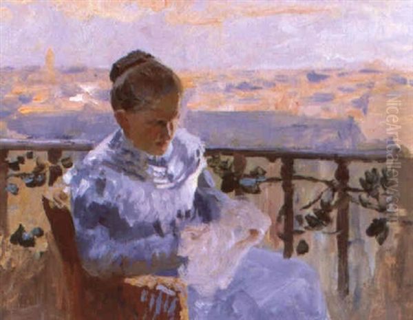 Bei Der Handarbeit Auf Der Terrasse Oil Painting by Gustav Bamberger