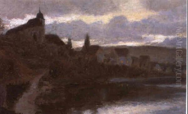 Stadchen Am Fluss (sertheim?) Oil Painting by Gustav Bamberger