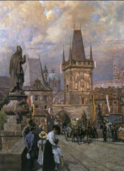 Ausfahrt Kaiser Franz Josefs Auf Der Karlsbrucke In Prag by Gustav Bamberger