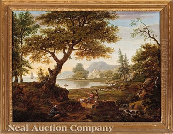 Pastoral Landscape With Shepherds And A Lake Oil Painting by Copleston Warre Bampfylde