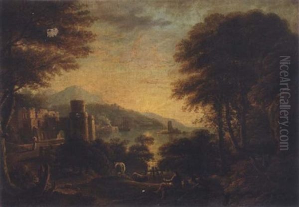 An Extensive Italianate Landscape With A Herdsman Resting In The Foreground And A Harbour Beyond Oil Painting by Copleston Warre Bampfylde