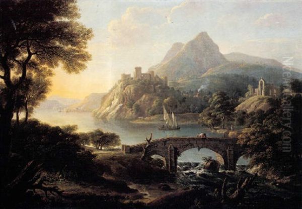 Claudian Landscape With A Castle, Abbey, Bridge And Mountains Oil Painting by Copleston Warre Bampfylde