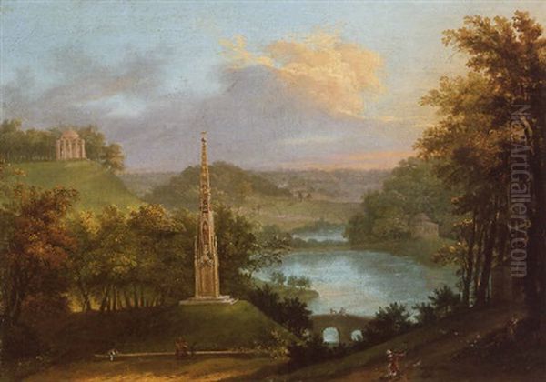 View Of The Park At Stourhead With Figures By The Monument Oil Painting by Copleston Warre Bampfylde