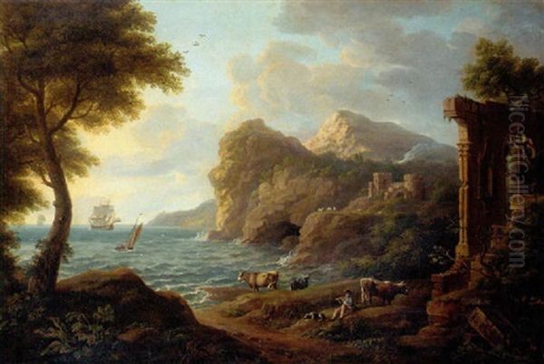 A Drover With Cattle In A Classical Coastal Landscape Oil Painting by Copleston Warre Bampfylde