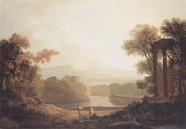 Figures In A Classical Wooded Lake Landscape Oil Painting by Copleston Warre Bampfylde