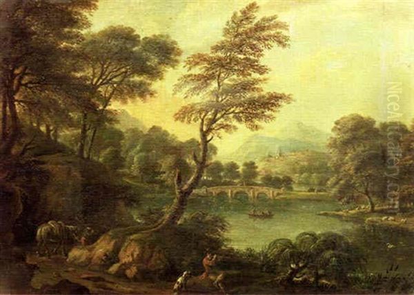 A River Landscape With A Traveller Resting On A Track Oil Painting by Copleston Warre Bampfylde