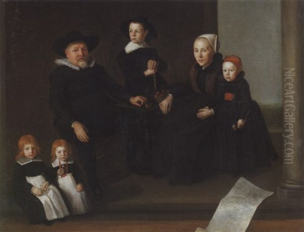 Portrait Of A Gentleman And His Wife, And Their Four Children On A Terrace Oil Painting by Gerbrandt Ban