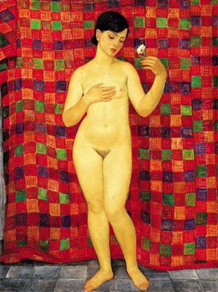 Akt Viraggal (nude With Flower) Oil Painting by Jozsef Banati Sverak