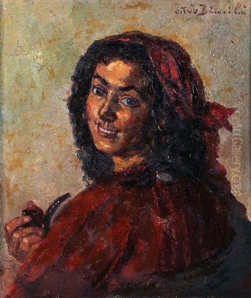 Girl In Red Oil Painting by Octav Bancila