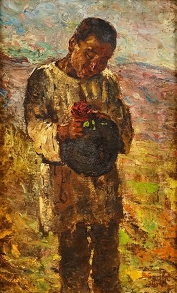 Boy With Flower Oil Painting by Octav Bancila