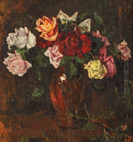 Vase With Roses Oil Painting by Octav Bancila