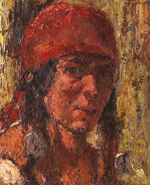 Gypsy With Red Kerchief Oil Painting by Octav Bancila